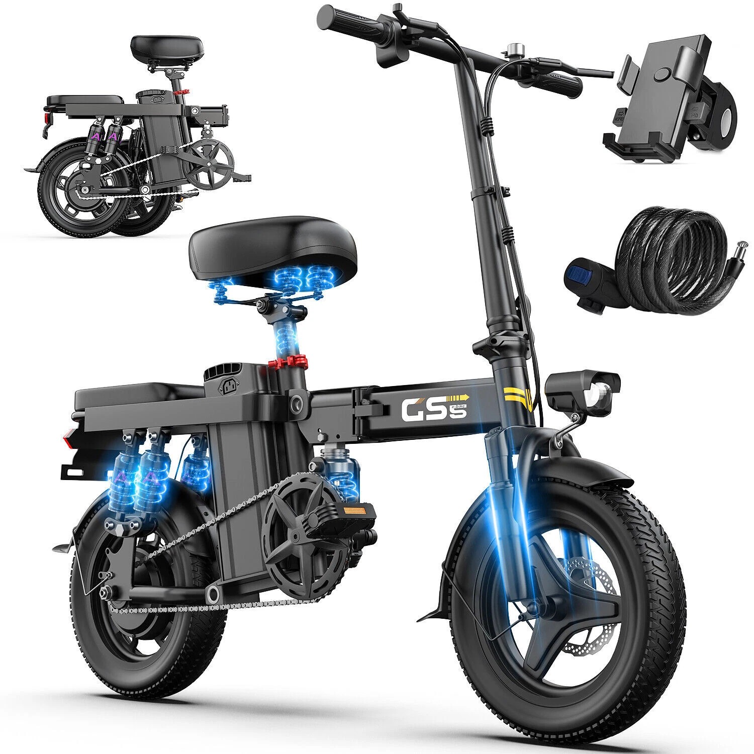 GS5 14 inch Folding Electric Bike for Adults 740W PEAK 48V/15AH 20MPH City Commuter E-bike Lightweight Bicycle