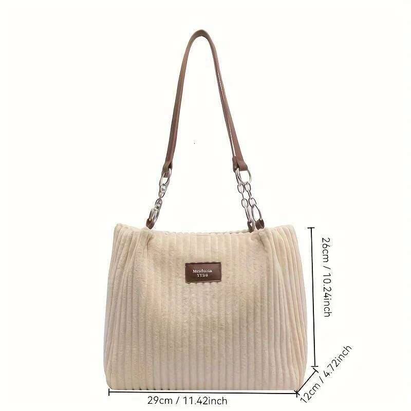 Stylish Soft Corduroy Tote for Women Plush Shoulder Bag with Zip Large Capacity Women's Handbag