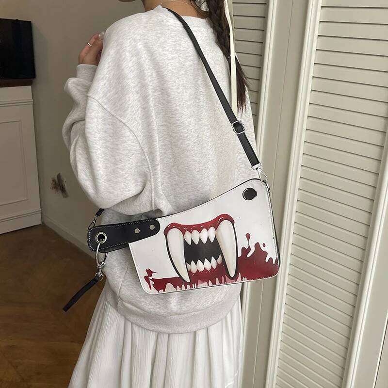 Gothic Dark Skull with Blood Stain Print Shoulder Punk Style Personalized Armpit Bag, Halloween Trendy Cool Crossbody