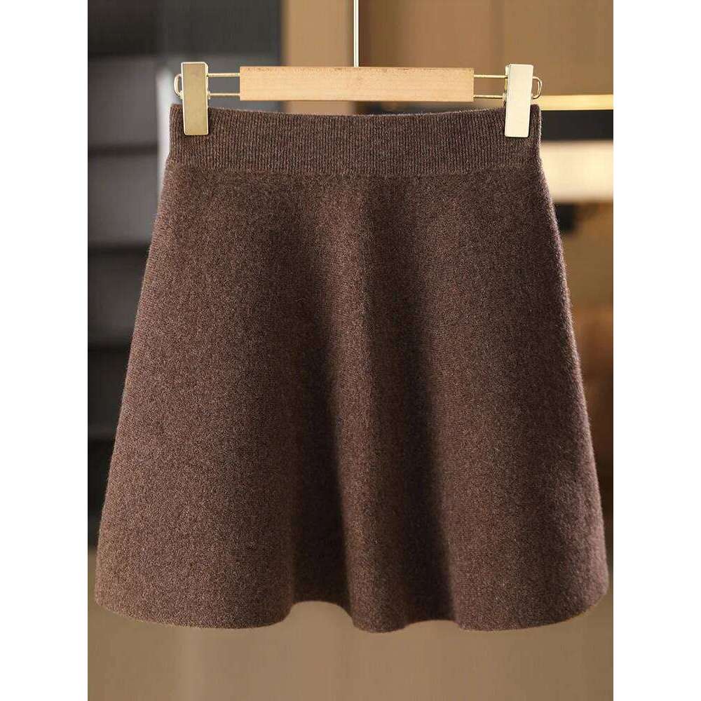 Women's Autumn Winter Elastic Waist Mini A-Line Cashmere Skirt 100% Merino Wool Knitted Above Knee Preppy Style Dress XJ260131