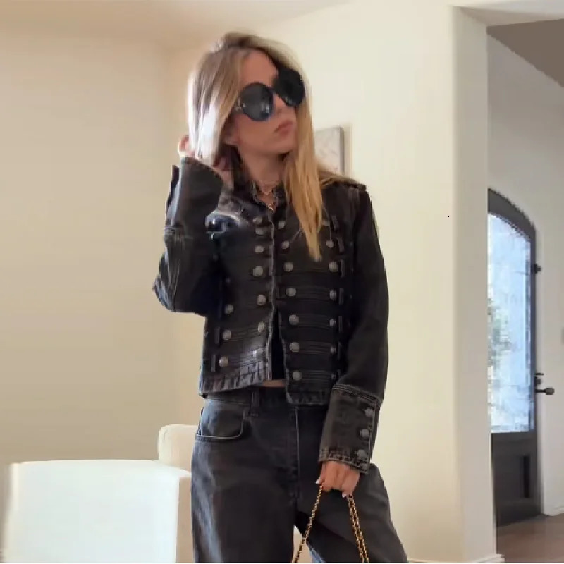 Fashion Punk Denim Jacket Multiple buttons O Neck Long Sleeve Stand Collar Solid Short Jean Outwears 2025 Autumn Lady StreetWear 260120