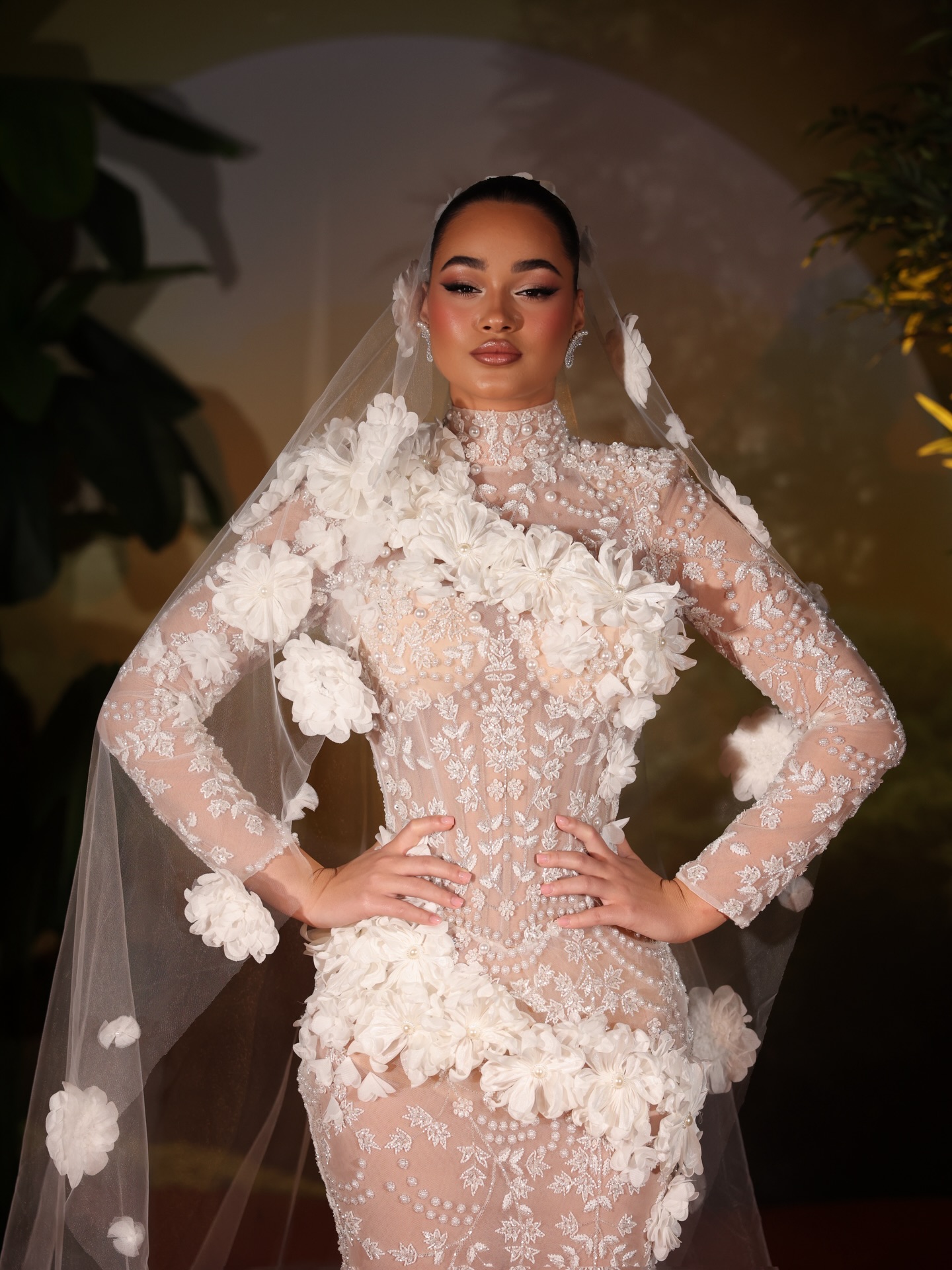 Luxury Mermaid Wedding Dress High Neck Long Sleeves Bridal Gowns Pearls Beaded 3D Appliques Floor Length Dresses Custom Made vestidos de novia