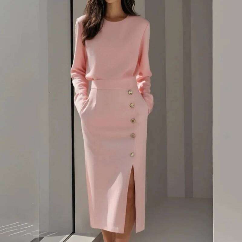 Women's New Solid Color Round Neck Long Sleeve Waist Tying Buttons Decoration Slit Dress Elegant Temperament Fashion Style XJ260131