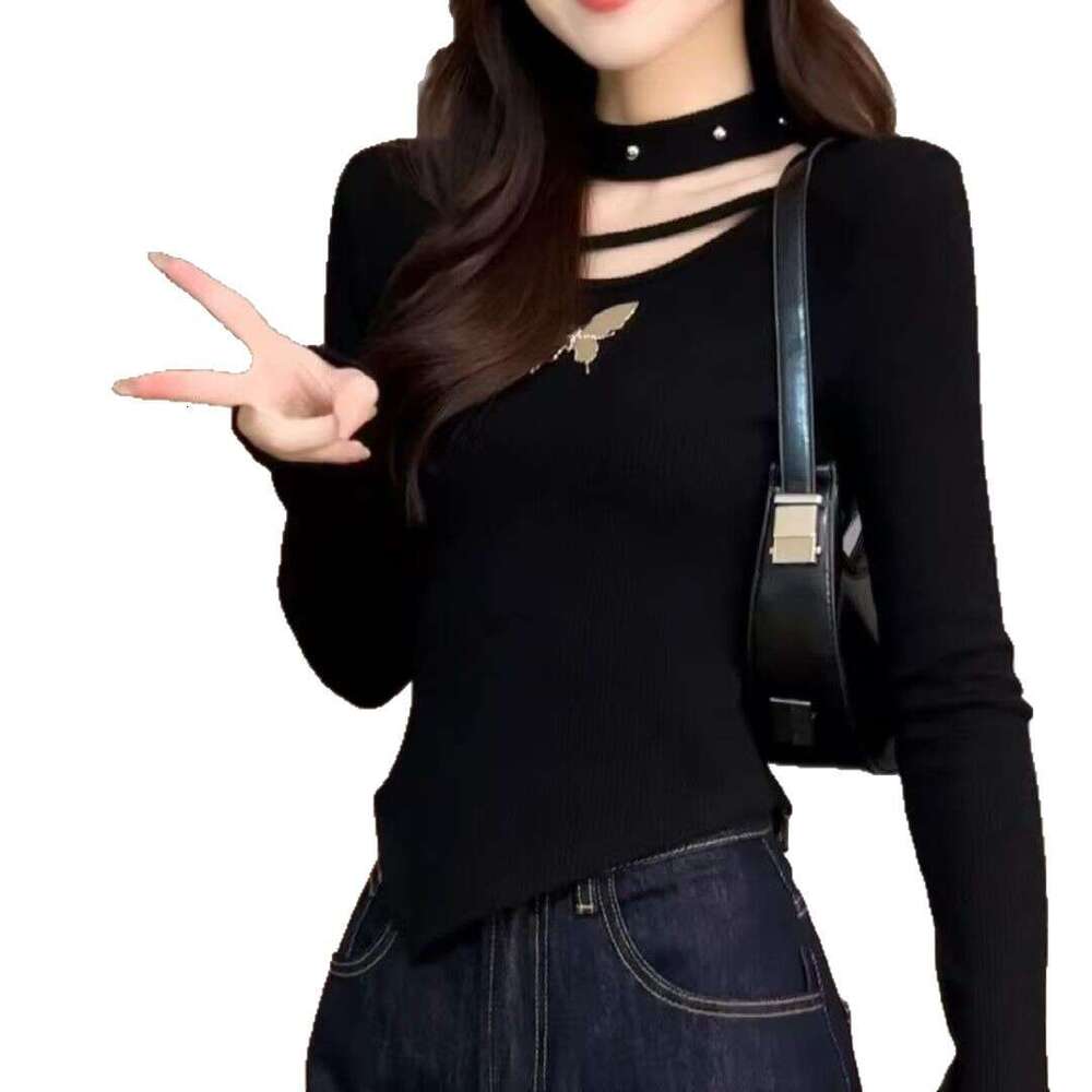 Irregular Bowknot U-Neck Long Sleeve T-Shirt For Women, Spring, Autumn, Winter, High-End, Pure Desire, Slim Fit, Regular Shoulder, Base Shirt, Top