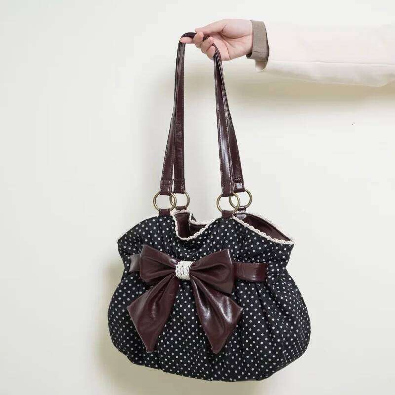 Sweet Bow Shoulder Retro Polka Dot Tote Fashion Women' Color Blocking Lace Canvas Bag Japanese Y2k Style Handbag XJ260130