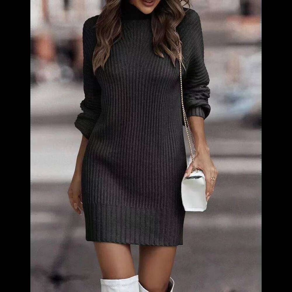 High Collar Long Sleeve Knitted Sweater Dress, Casual Dresses, Monochromatic, New Fashion, Autumn and Winter XJ260131