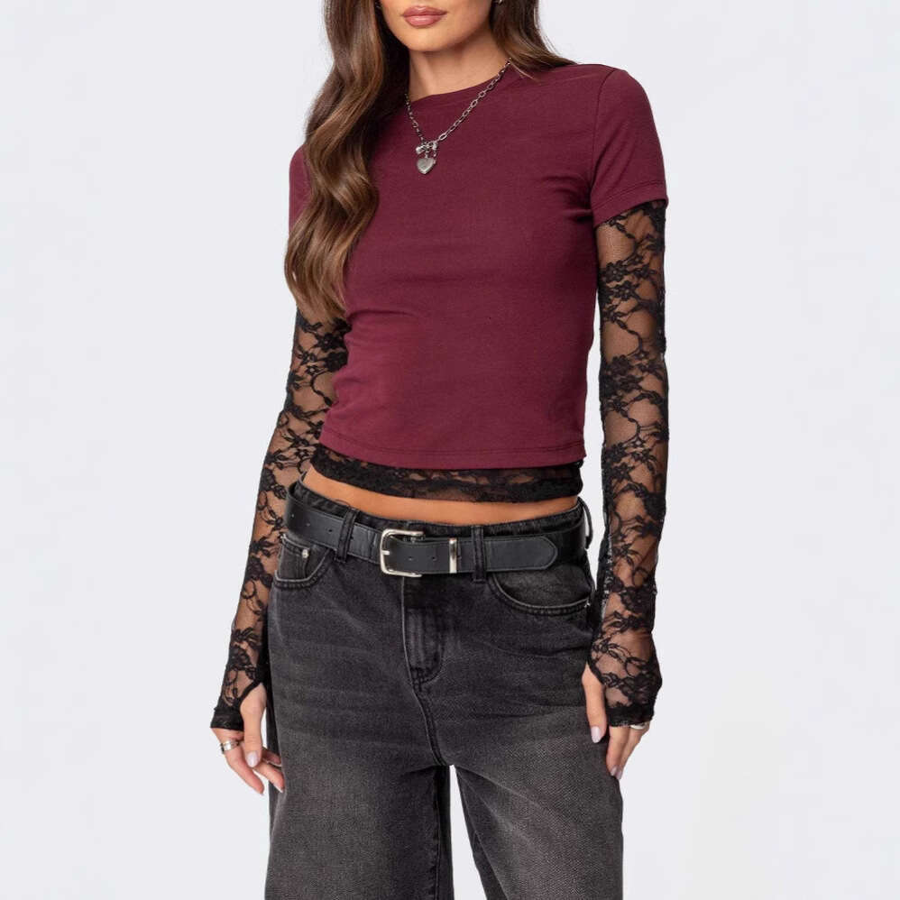 European and American Foreign Trade Women's Y2K New Lace Patchwork Fake Two-Piece Long Sleeve Round Neck T-Shirt