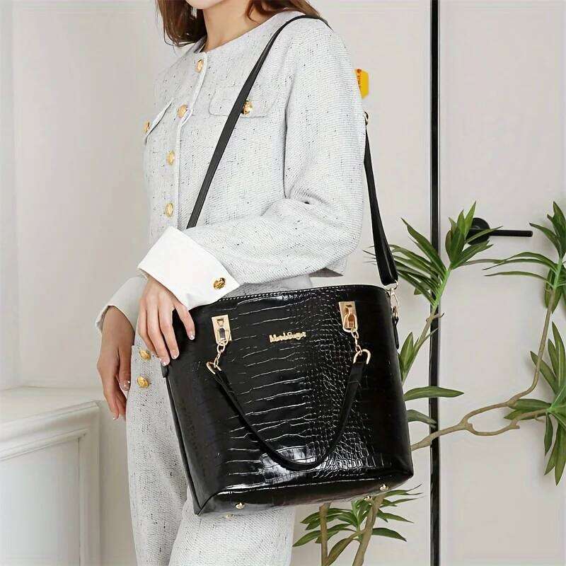 6pcs Vintage Women's Stylish Lacquer Crocodile Print Leather Handbag set Daily Commute Tote Shoulder Bag For Women Purse