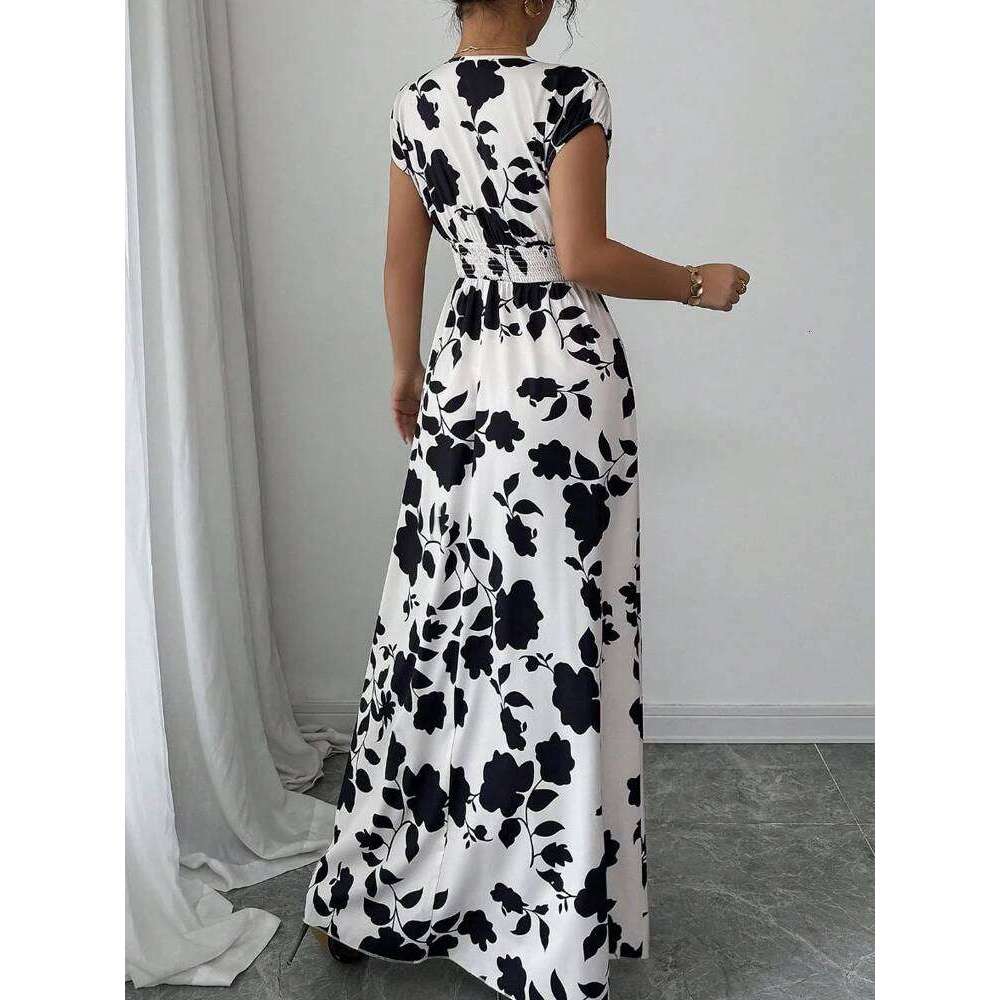 New Summer Women's Printed Lace-up Maxi Dress,Short Sleeved Dresses,Casual Dresses,Floral Dresses,Elegant Dresses For Ladies XJ260131