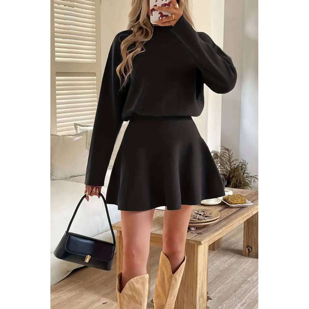 Autumn & Winter New European-American Casual Knit Two-Piece Set: Mock Neck Long-Sleeve Sweater + High-Waisted A-Line Mini Skirt, XJ260131