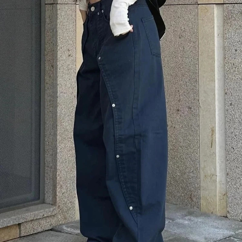 Jeans for Woman Y2k Clothes Relaxed Loose Fit Wide Leg Trousers Vintage American Retro Style with Rivet Patchwork Split 260120