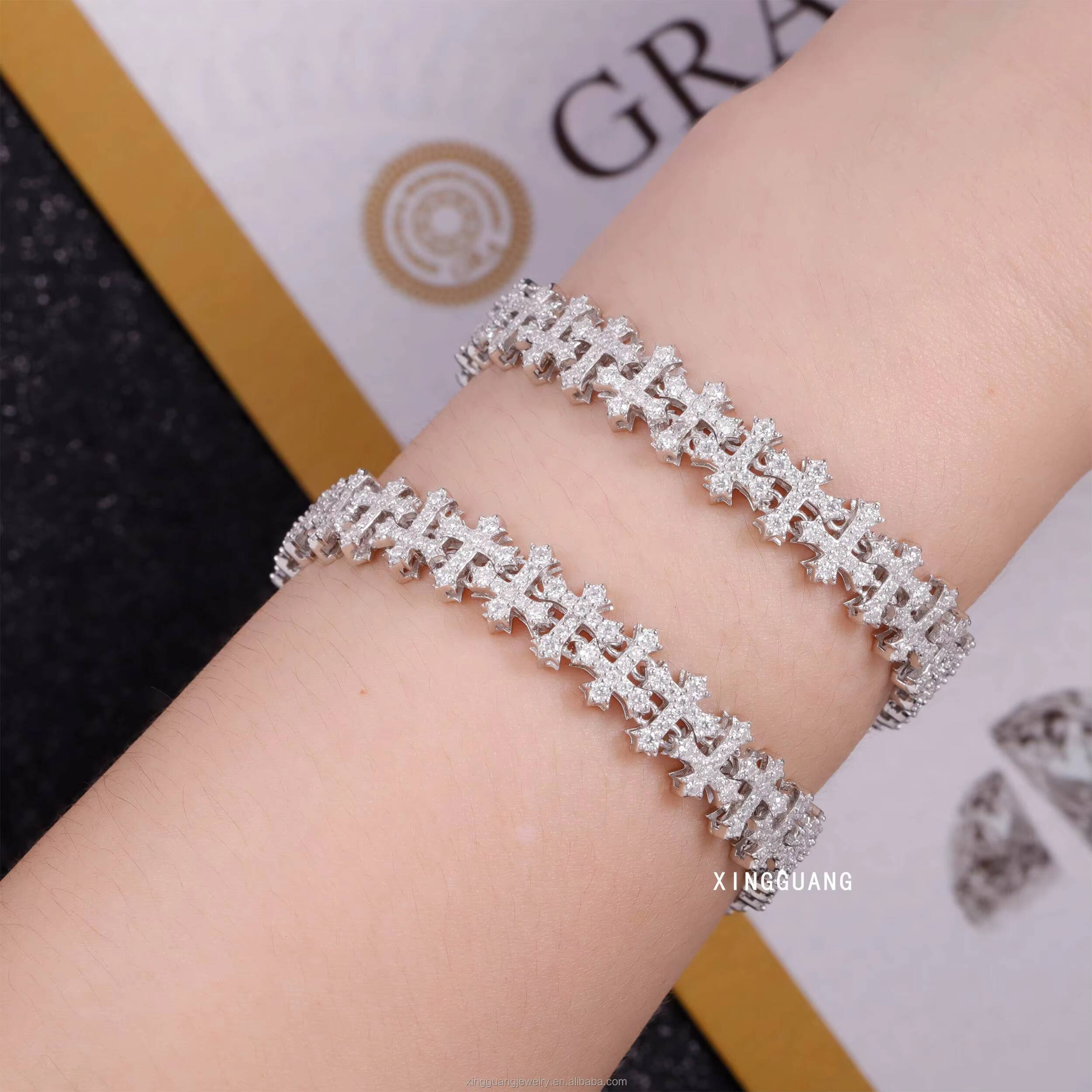Fashion Best Selling Prong Setting 18k White Gold Plated Iced Out Jewelry Moissanite Diamond Hip Hop Cross Cuban Link Bracelet