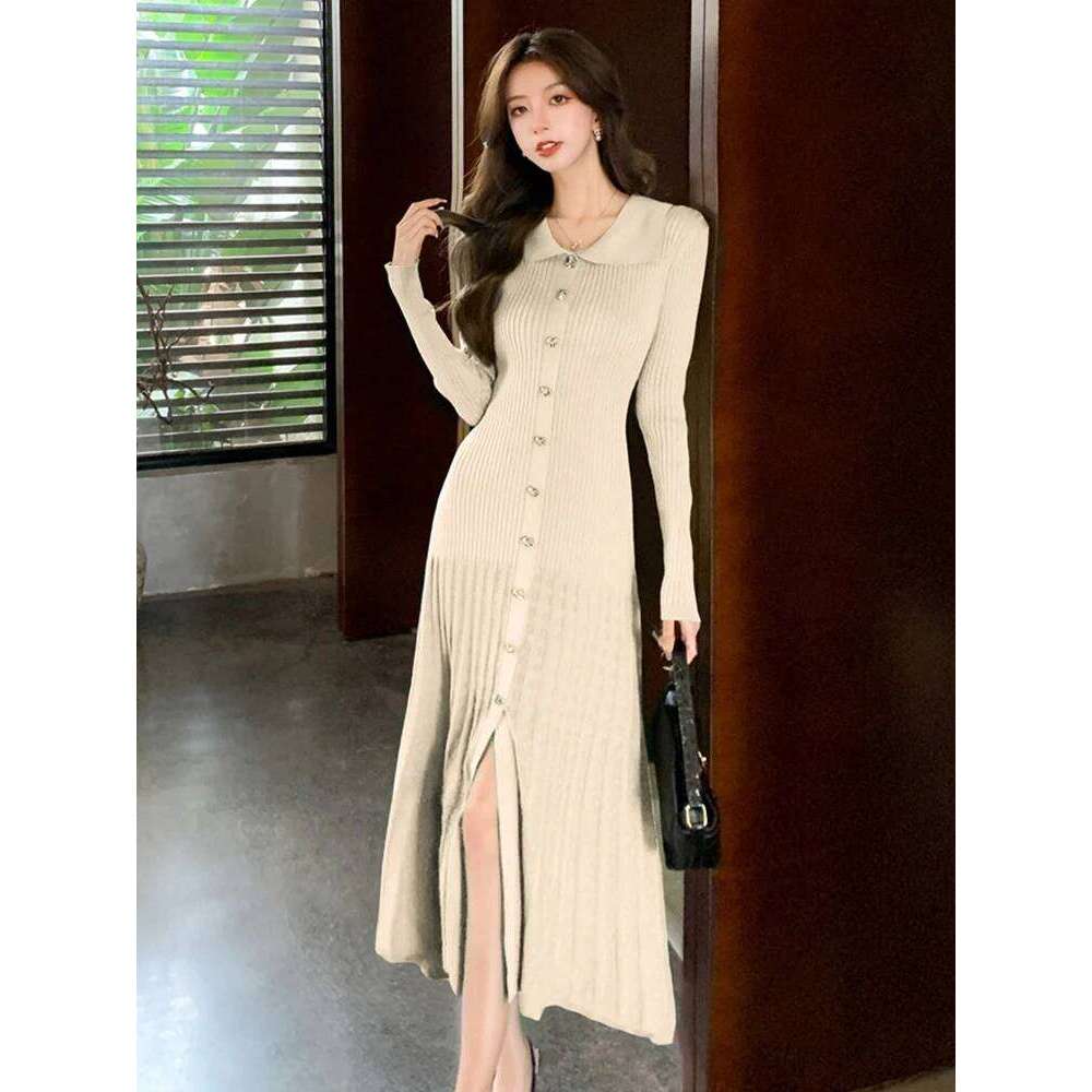 Women Clothes Knitted Lapel Single Breasted Skinny Fishtail Long Dress Sweater Casual Stretchy Robe Mujer Vestidos Autumn Winter XJ260131