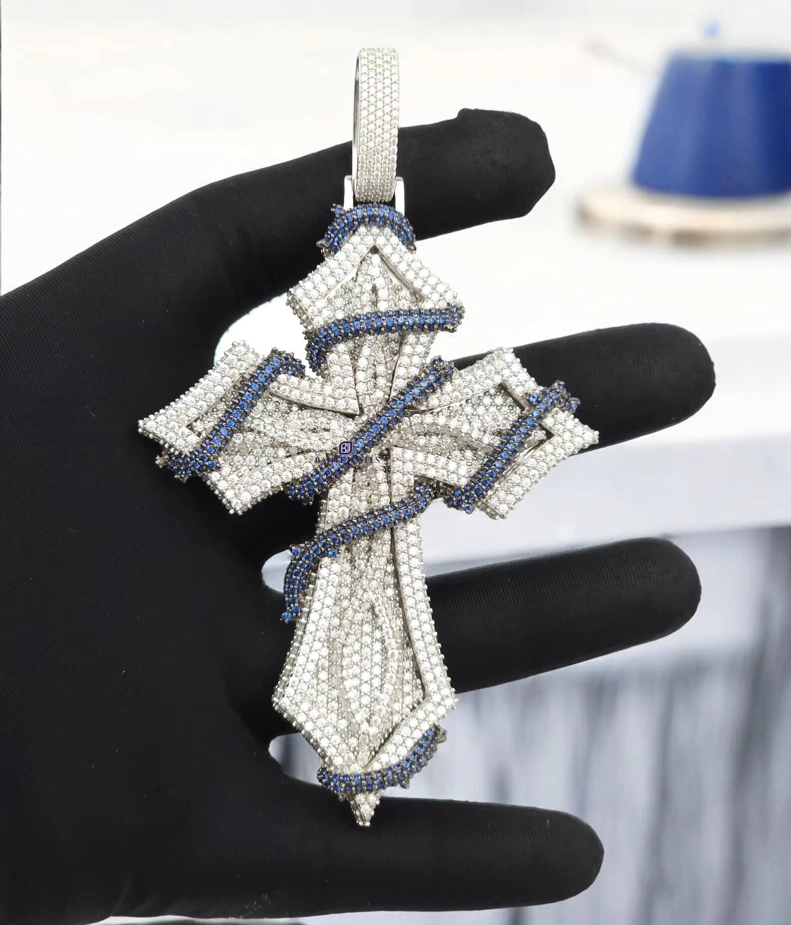 Luxury Iced Out Cross Pendant with Blue Accents VVS Moissanite Hip Hop Jewellery Silver Finish