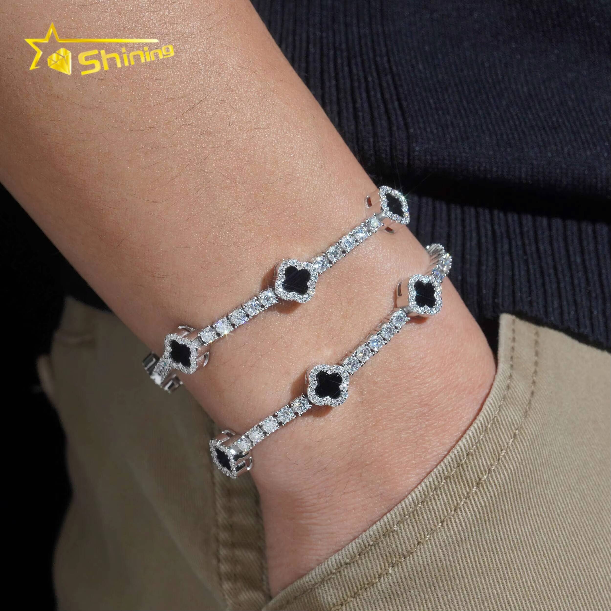 USA Warehouse RTS GRA Certificate 925 Solid Silver Hip Hop Jewelry Iced Out VVS Moissanite Diamond 3mm Clover Tennis Bracelet