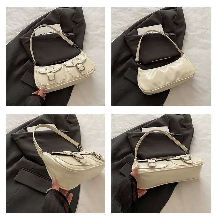 PU Leather Baguette Bag: Two-Pocket Top Handle & Shoulder Bag for Women | 2025 Fall/Winter Solid Color Y2K Vintage Style XJ260130
