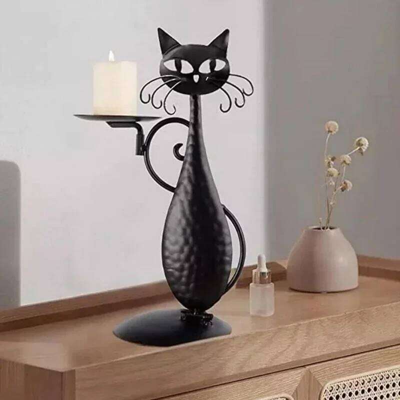 Vintage Black Home Metal Cat Candlestick Room Decoration Y260131