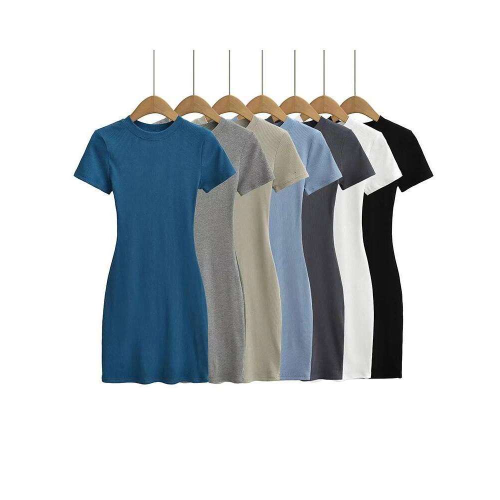 Summer Short Sleeve O-neck Knitted Mini Dress Women Solid Color Basic 14 Colors Dresses XJ260131