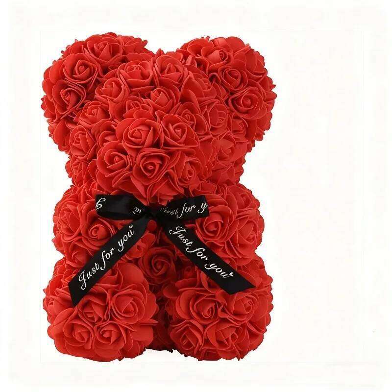Artificial Rose Bear Bouquet - Mini Red Roses with Black Bow, Perfect Proposal or Gift for Girlfriend, Valentine'S Day Y260131