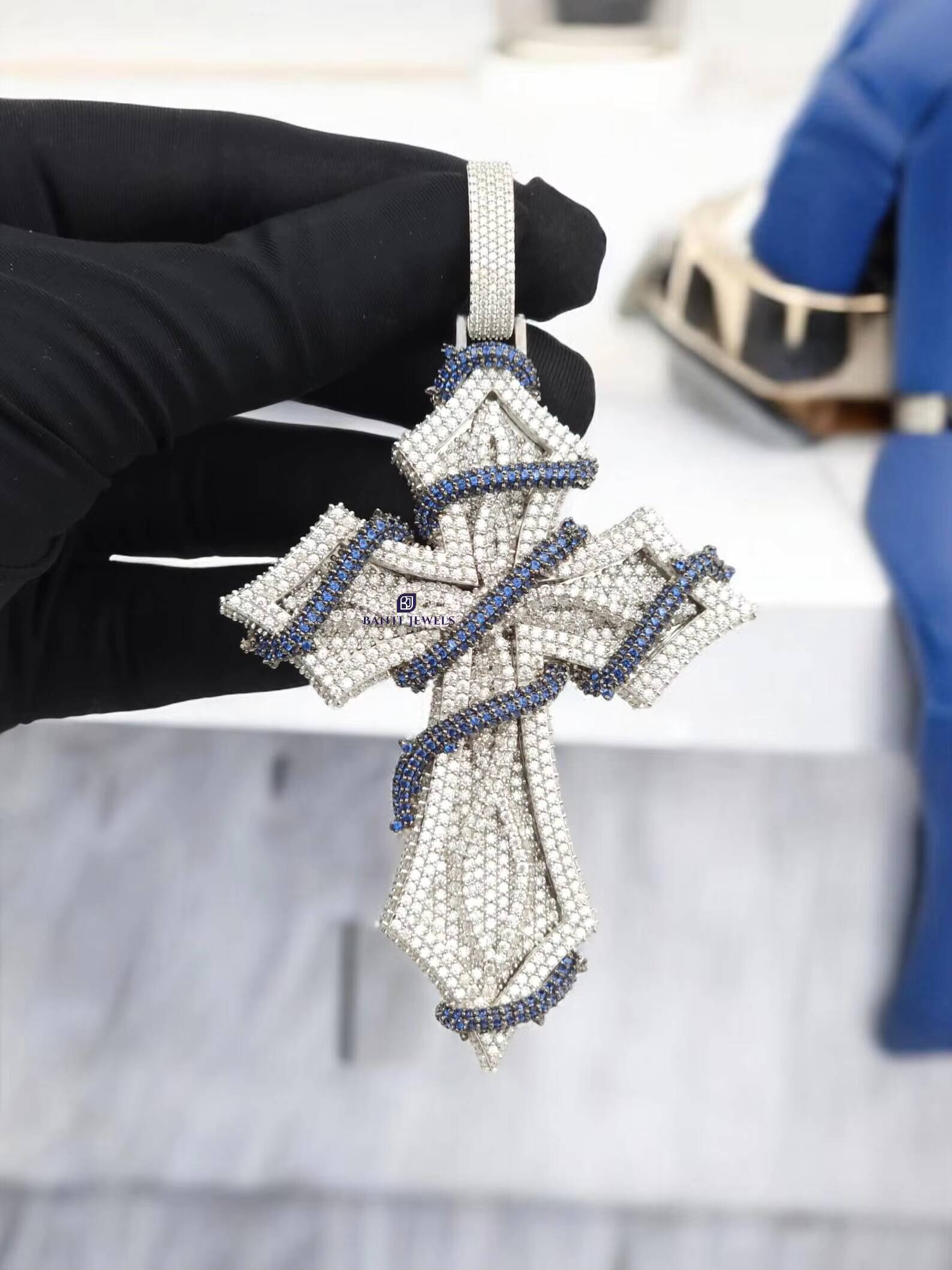 Luxury Iced Out Cross Pendant with Blue Accents VVS Moissanite Hip Hop Jewellery Silver Finish