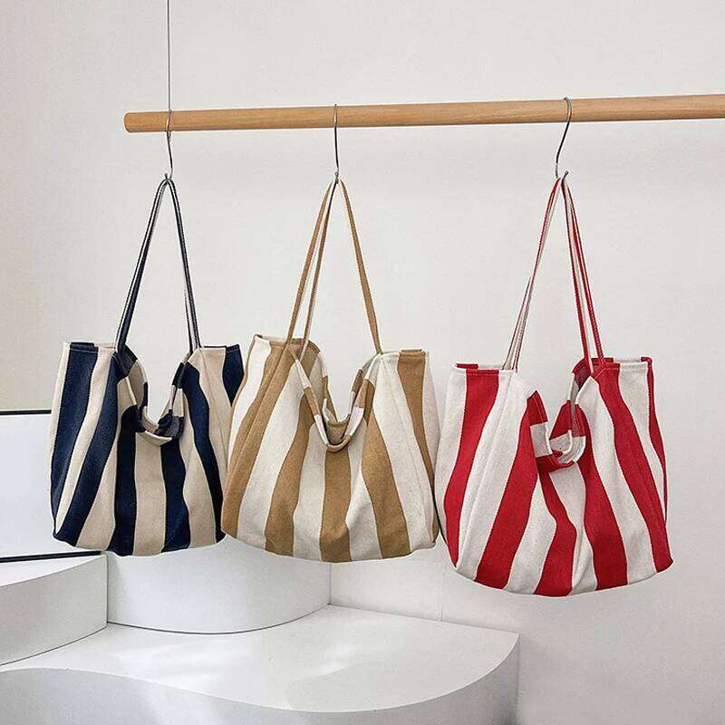 Summer Stripe Canvas Tote Female Casual Large Capcity Simple Shoulder Bags Shopping Handbag Daily Totes Bag XJ260130