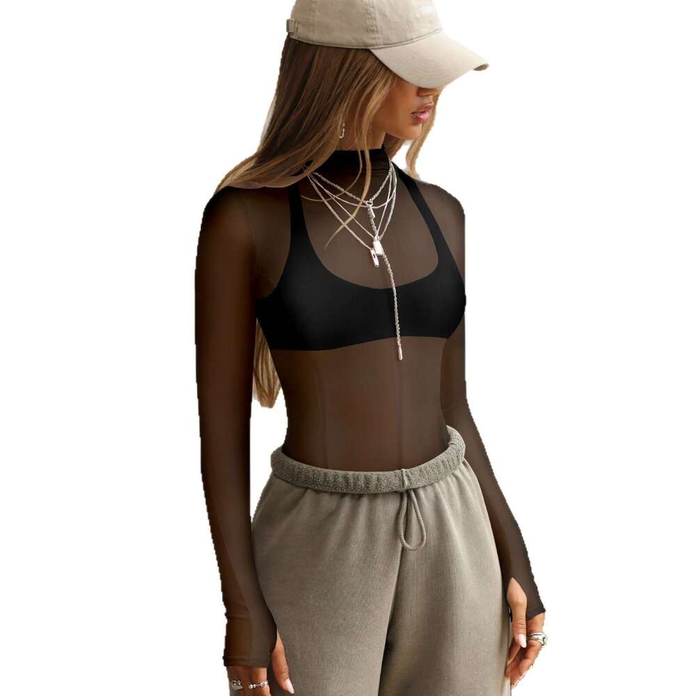 2026 European and American Hot-Selling Long-Sleeve Women's Sheer See-Through Top Slim Fit Half-High Collar Mesh Base Shirt for Women