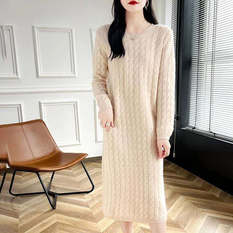 Autumn And Winter New 100% Wool Dress Women's Round Neck Long Twist Loose Knee Cashmere Skirt XJ260131