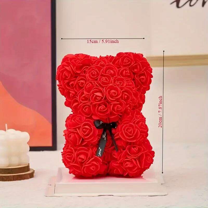 Artificial Rose Bear Bouquet - Mini Red Roses with Black Bow, Perfect Proposal or Gift for Girlfriend, Valentine'S Day Y260131