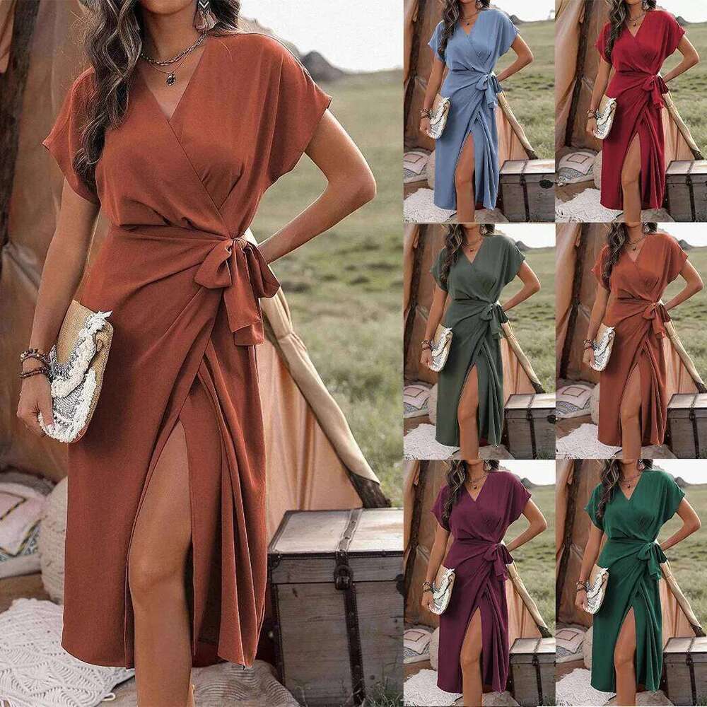 2 Summer New Dresses Fashionable Temperament Casual Commuting Fork Women's Solid Color Wrapped Tie up Skirt XJ260131