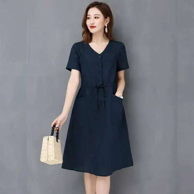 Women's Clothing Korean Elegant Loose Simplicity Intellectual Fashion Round Neck Casual Short Sleeve Pockets Drawstring Dresses XJ260131
