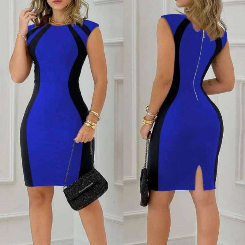 Elegant Women Party Club Dresses 2025 Summer Fashion Colorblock Round Neck Bodycon Sleeveless Casual Mini Black Dress XJ260131