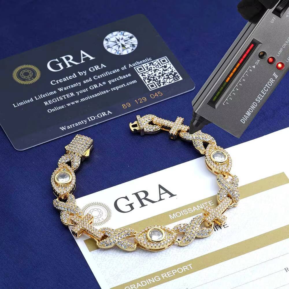 NUOYA New Style 925 Sterling Silver Iced Out Inlaid Shiny VVS Moissanite Cross With Diamond Eyes Link Chain Hip Hop Bracelet