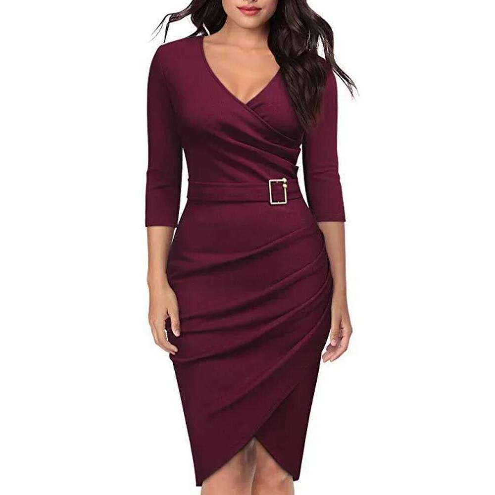 Elegant Fall Bodycon Short Dress Women Long Sleeve V Neck Slim Fit Work Robe Female OL Lady Solid Everyday Dresses XJ260131