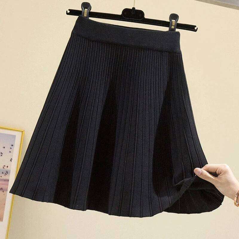 Fashion Elastic High Waist Knitting Women All Match Solid Color A Line Pleated Skirt Woman Trend Mini Skirts Female XJ260131