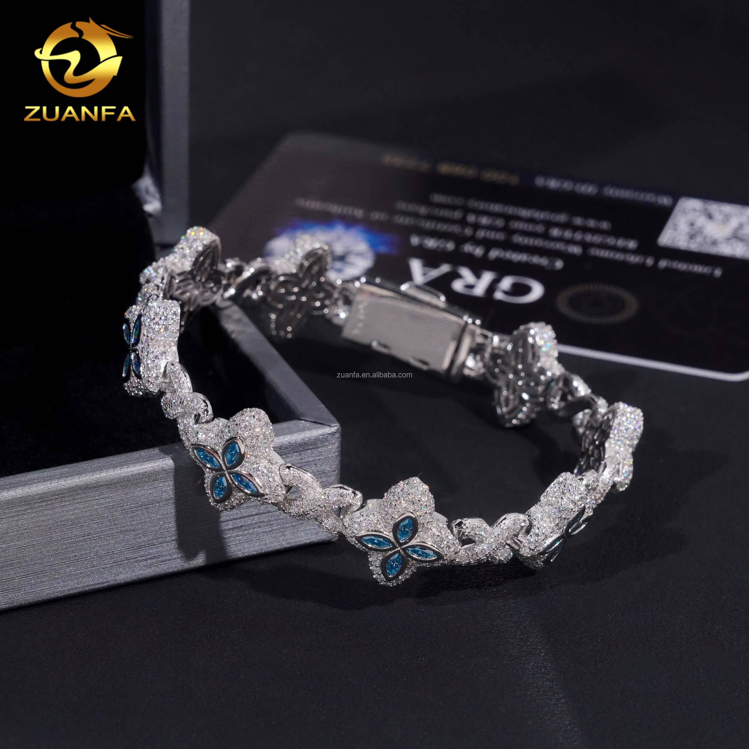 Unique Design 15mm Marquise Flower Hip Hop Jewelry Iced Out Multi Color Moissanite Diamond Clover Infinity Cuban Link Bracelet