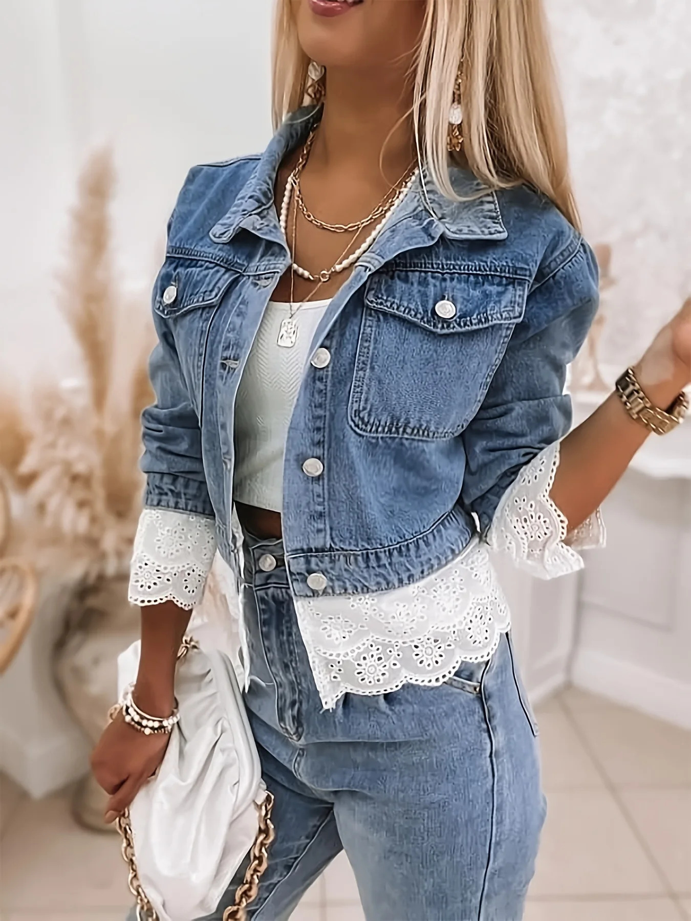 Lace Spliced Women Denim Jacket Long Sleeve Coats Patchwork Jackets Single Breasted Cardigan Outerwear High Street Buttons 260120