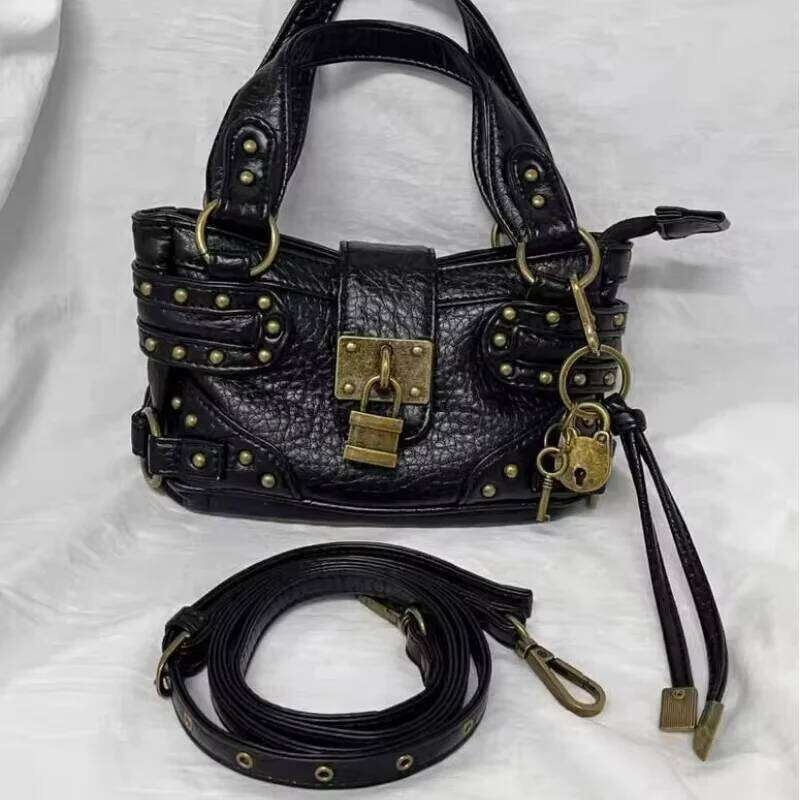 Retro Rivet Black Crossbody Fashion Street Cool Motorcycle Trend Lock Design Small Tote Handbag High Quality Women's Bag H260131