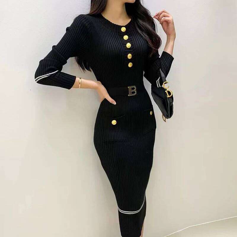 YuooMuoo Women Korean Fashion O-neck Slim Waist Knitted Pencil Dress with Belt Office Lady Bodycon Vestidos 2024 Winter XJ260131