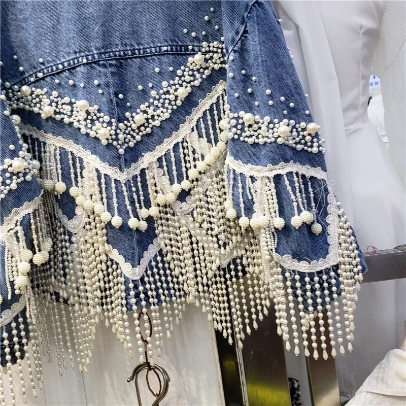 Vintage Blue Heavy Work Beading Tassels Denim Jacket Women Cowboy Outerwear Loose Short Three Quarter Sleeve Jeans Female 260120