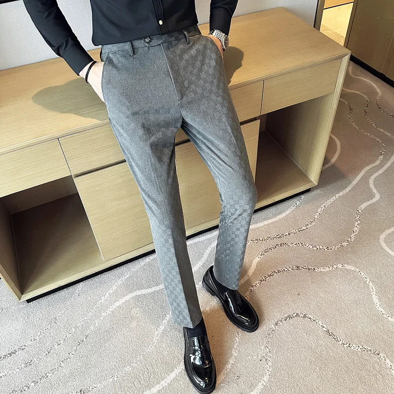 Mens Suit Pants Fashionable Slim Fit Business Social Office Formal Wedding Party Checkered 260120