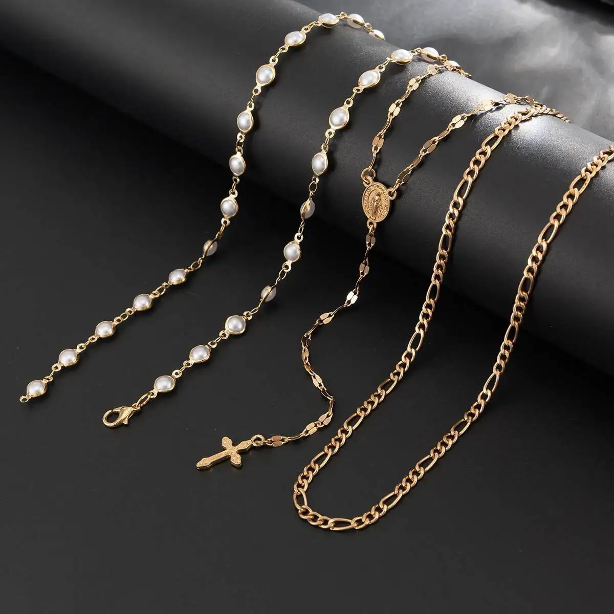 Salircon 3PcsSet Boho Jesus Cross Pendant Necklace Women Trendy Exquisite Pearl Beaded Chain Y2K Charm Jewelry Gift 260128