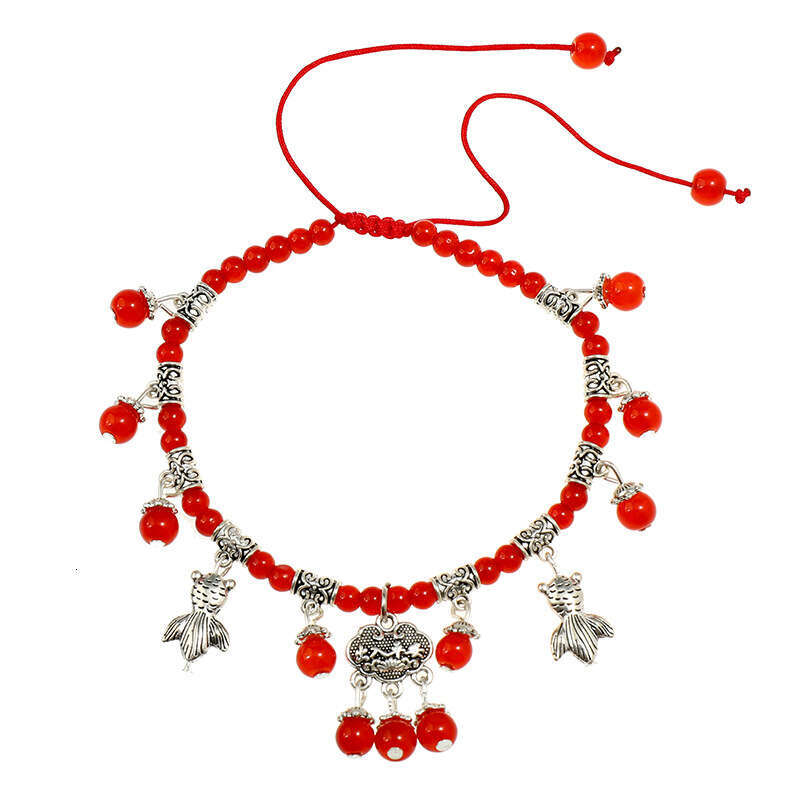 New Women's Summer String Natural Red Agate Vintage Peace Lock Tassel Bell Zodiac Year Anklet Accessories