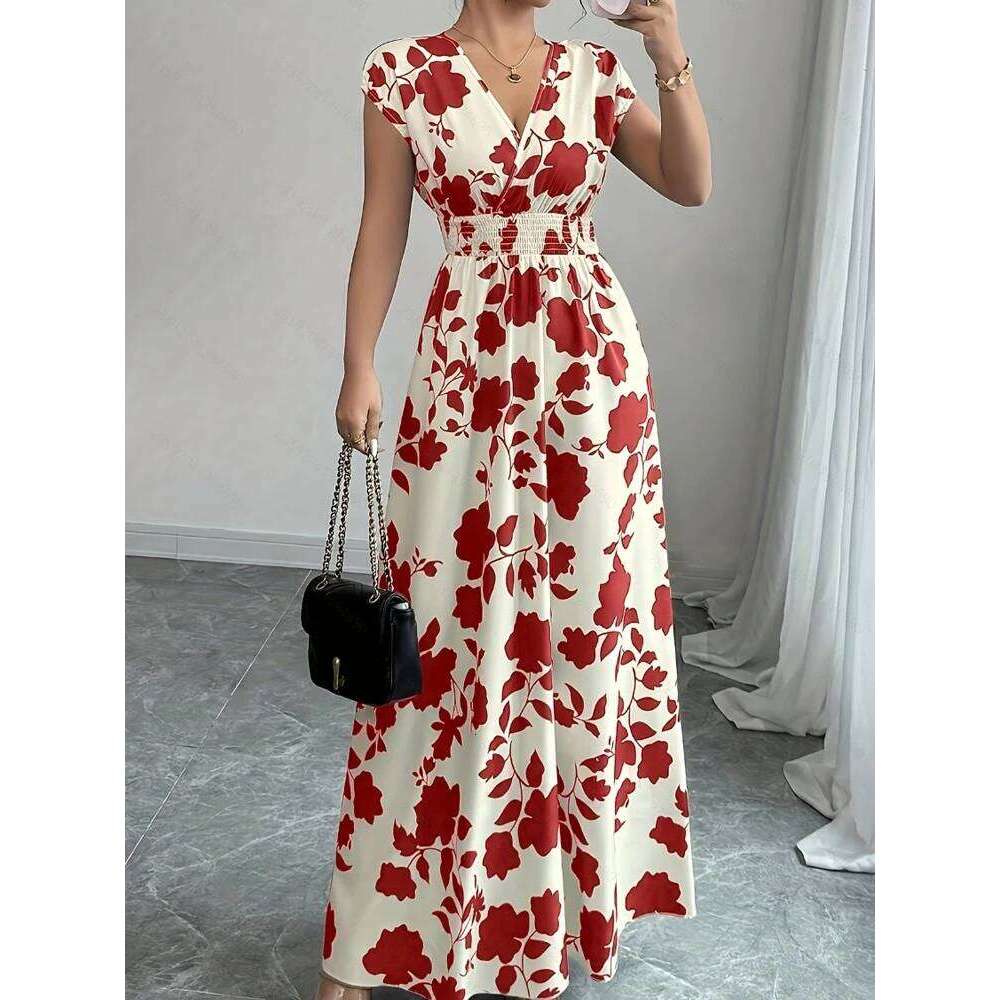 New Summer Women's Printed Lace-up Maxi Dress,Short Sleeved Dresses,Casual Dresses,Floral Dresses,Elegant Dresses For Ladies XJ260131