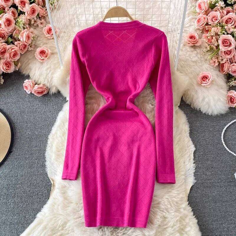 YuooMuoo Women Brand Fashion Autumn V-neck Knitted Bodycon Office Lady Single-breasted Short Sweater Dress Vestidos XJ260131