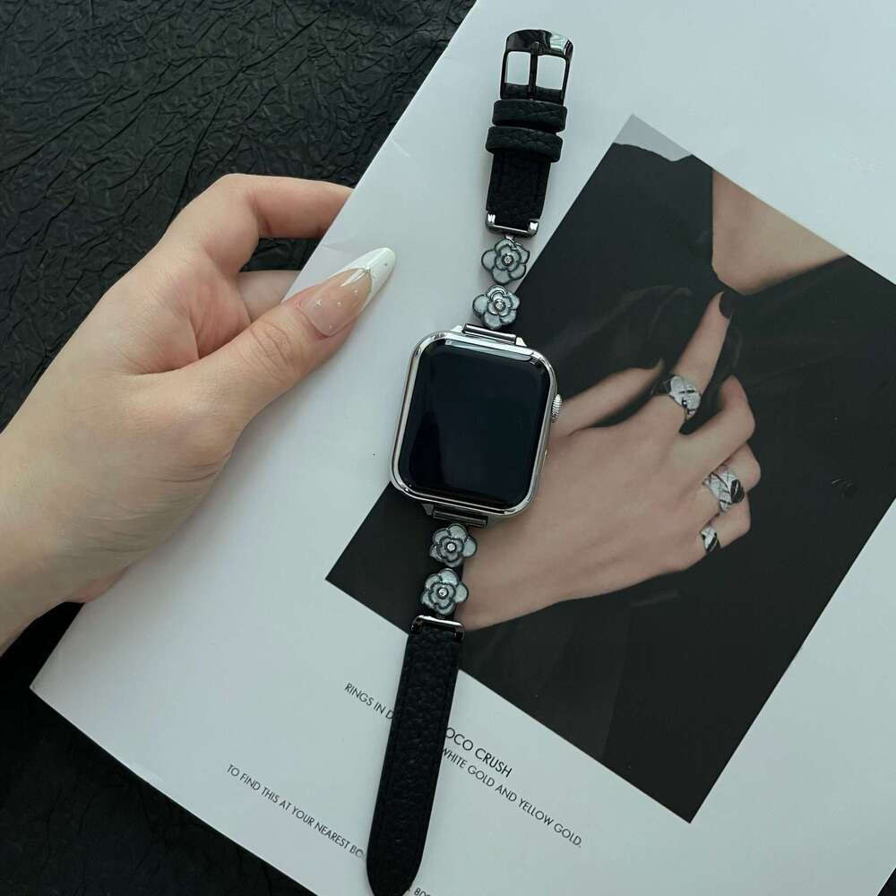 Camellia Diamond Denim Leather Apple Watch Band Fashion Strap for iWatch Series 1-10 Ultra SE