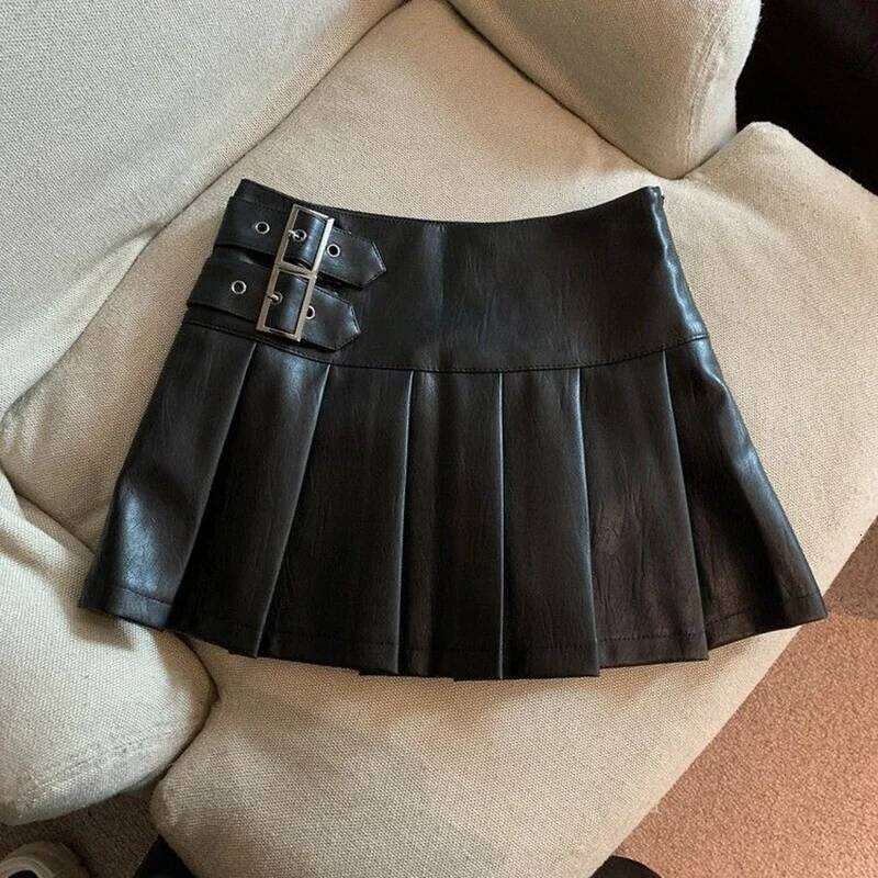 S-3XL Y2K Pu Leather Mini Women Streetwear High Waist Pleated Skirt Vintage Korean Black Slim Casual A Line Skirts XJ260131