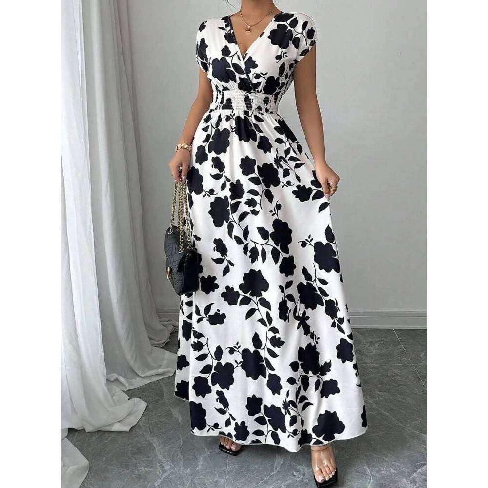 New Summer Women's Printed Lace-up Maxi Dress,Short Sleeved Dresses,Casual Dresses,Floral Dresses,Elegant Dresses For Ladies XJ260131