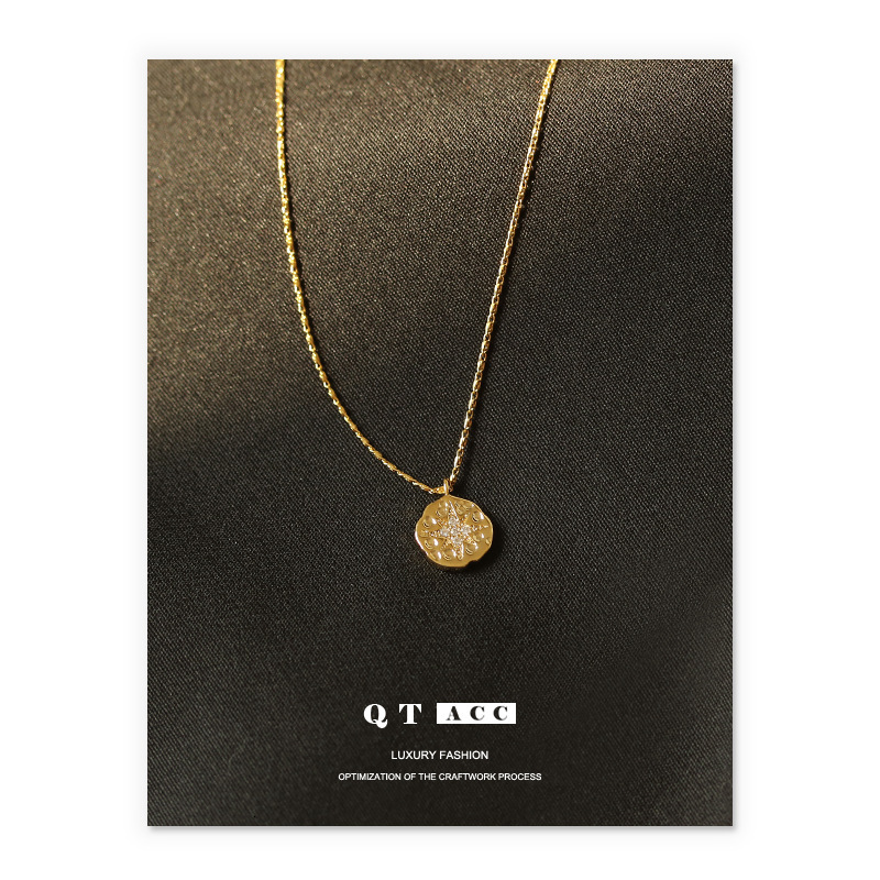 Delphes North Star Coin Button Pendant Necklace Ins Eight-Pointed Star 18K Gold Plated Clavicle Chain