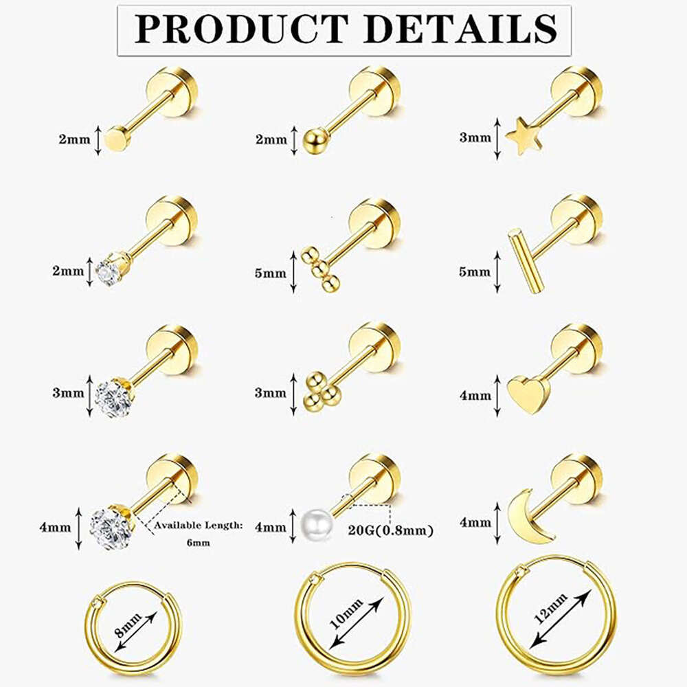 Amazon Hot-Selling 15 Pairs of Simple Stainless Steel Geometric Earrings gold Ear Bone Studs In Stock Direct from Manufacturer