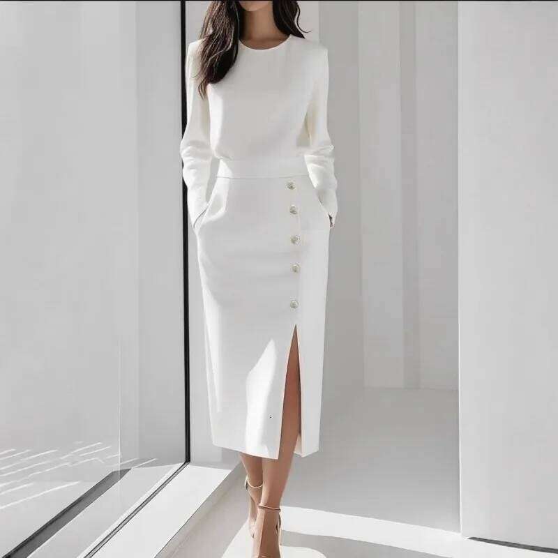 Women's New Solid Color Round Neck Long Sleeve Waist Tying Buttons Decoration Slit Dress Elegant Temperament Fashion Style XJ260131